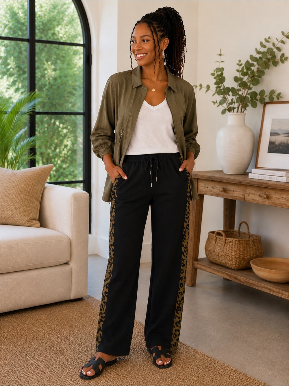 66. ESCADA BLACK w OLIVE CHEETAH STRIPE PRINT SWEATPANTS. SM